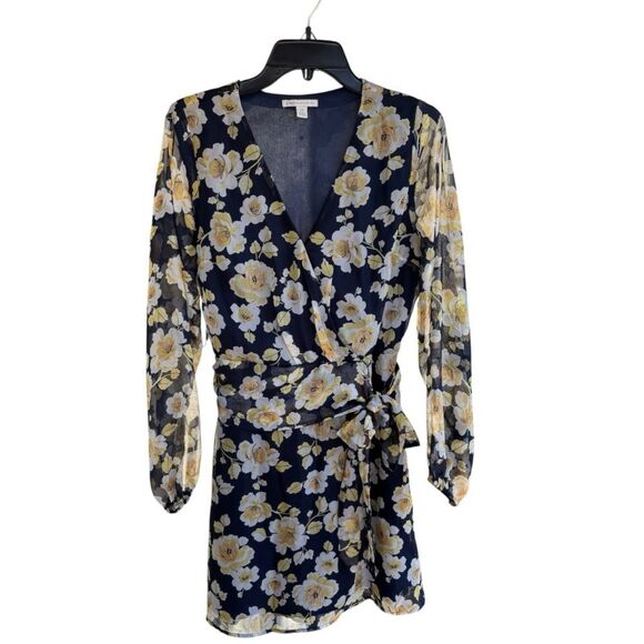 Cato Navy Floral Faux Wrap Mini Dress W/ Sheer Sleeves -SZ 14 - XL - Picture 2 of 5